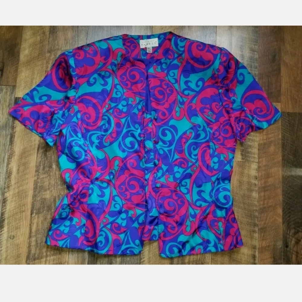 Adrianna Papell Sz 12 100% Silk Vtg 1980s Short Blazer Jacket Purple Red Blue EC